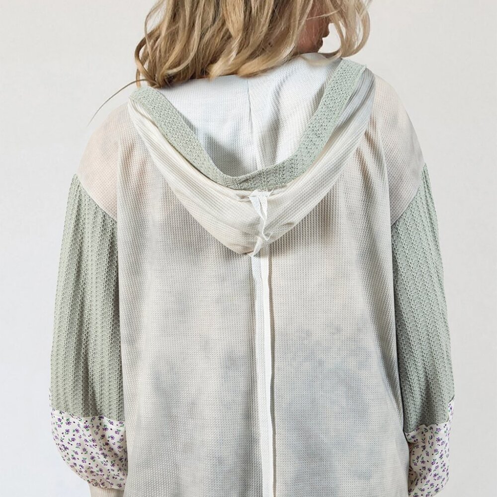 B304 Green Floral Tetured Colorblock Patchwork Lantern Sleeve Hooded Top - Picture 2 of 5